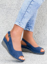 Niebieskie Sandały Sabrina na Koturnie Ze Skórzaną Wkładką